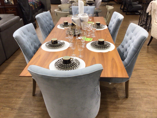 Set Of 6 PB Custom Tufted Soft Blue Robin Egg Felt Dining Chairs