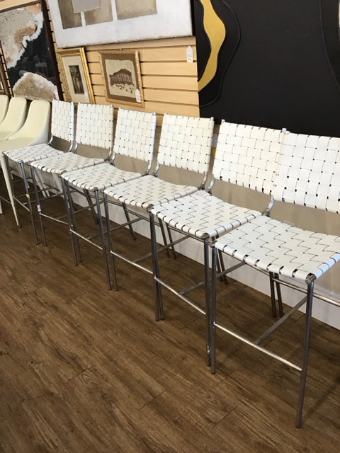 Set/6 White Leather Weaved Counter Stools