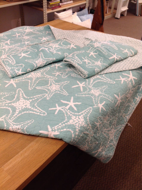 KING Aqua/White Starfish Quilted Comforter w/Shams