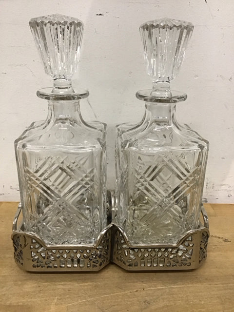 Pair Of 10.5" Crystal Decanters W/Silver Metal Tray