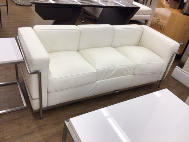 White Vinyl Three Seat Chrome Accent Sofa