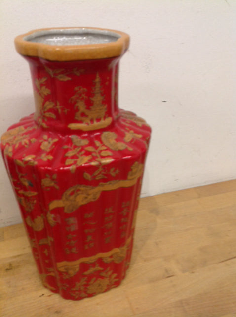 Vase- 14" Asian Red & Gold Ceramic