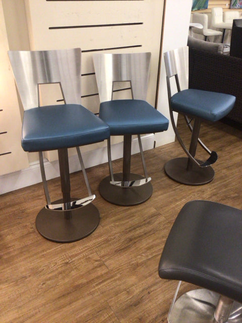 Set Of 3 Metal & Blue Bar Stools