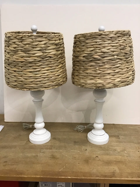25" Pair Wood Column Lamps w/Woven Shades