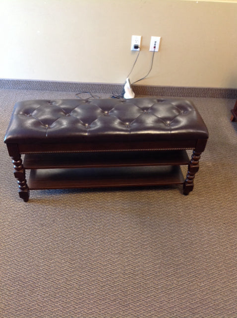 Brown Tufted Leather Bench w/2 Shelves