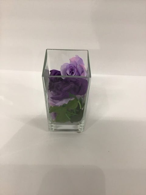 6.5"Sq Glass Vase w/Purple Flowers