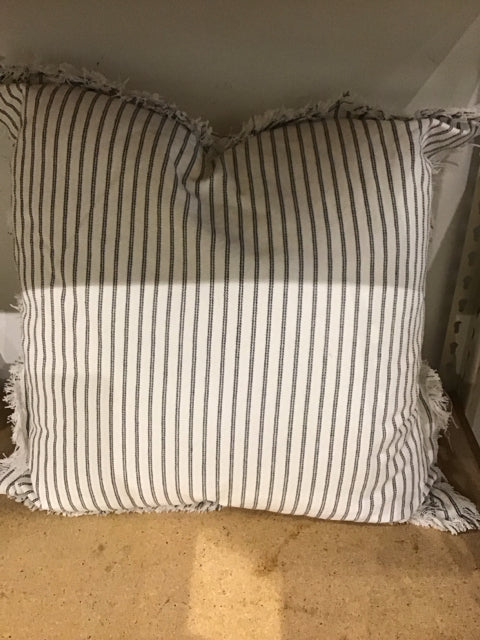 27" White Gray Stiped Fringe Pillow