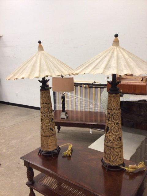 Pair-Carved Wood Lamps/Paper Shades