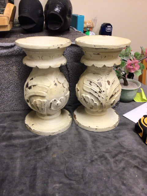 Pair Of 10" White Aged Carved Wood Candle Holders