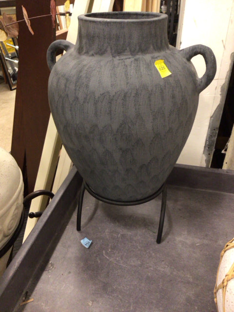 18" Grey Ceramic Urn On Metal Stand