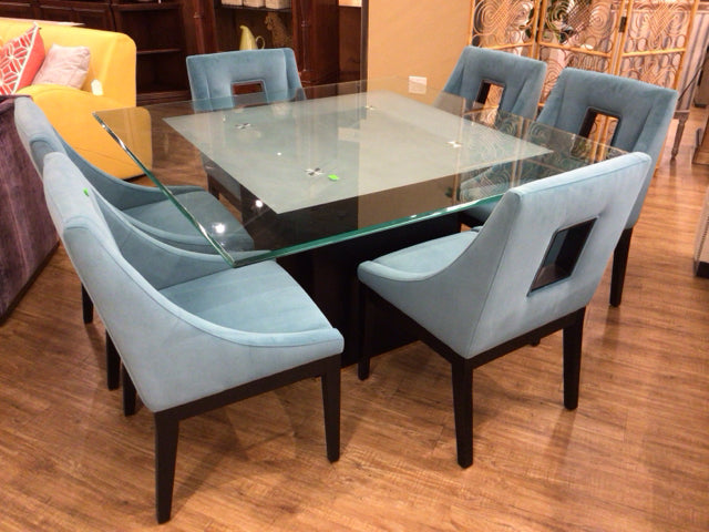 Square Glass Top Pedestal Dining Table W/6 Chairs