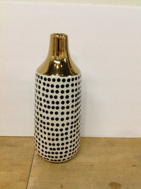 16" Glazed Ceramic Vase w/Black Spots & Gold Top