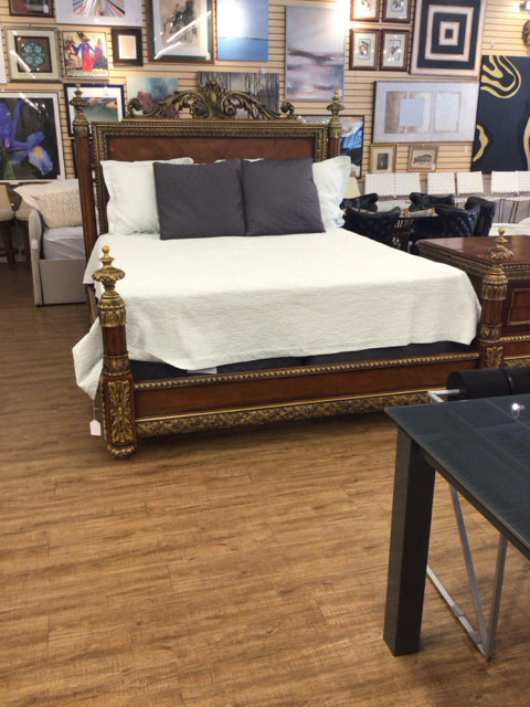 Carved Wood Gold Accent King Bed
