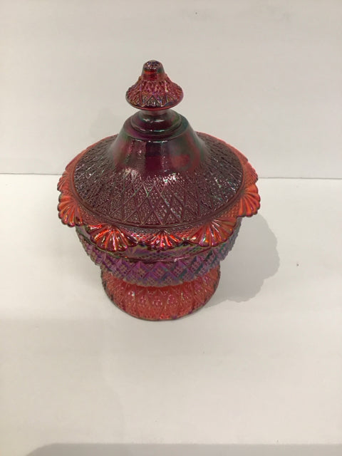 Vtg Ruby Red Iridescent Candy Holder w/Lid