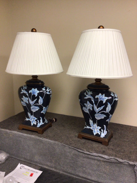30" Pair Of Blue & White Floral Painted Table Lamps W/Shades