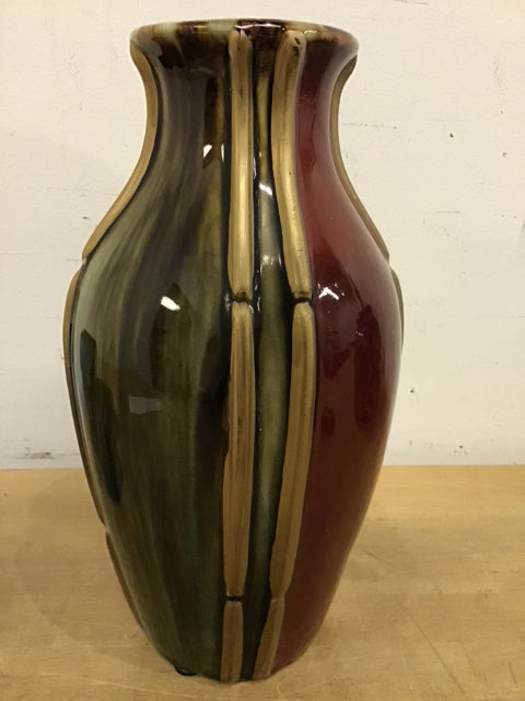 12" Red Brown Gold Green Ribbed Glazed Vase