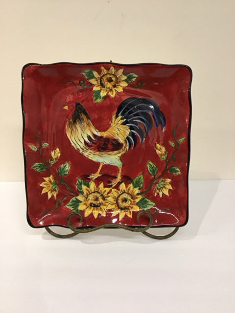 12"Sq Maxcera "King Rooster"  Plate w/Stand