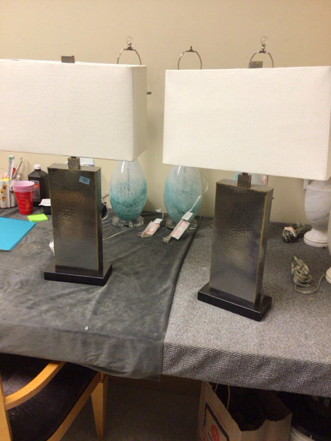 Pair Of Arteriors Hammered Steel Table Lamps W/Shades