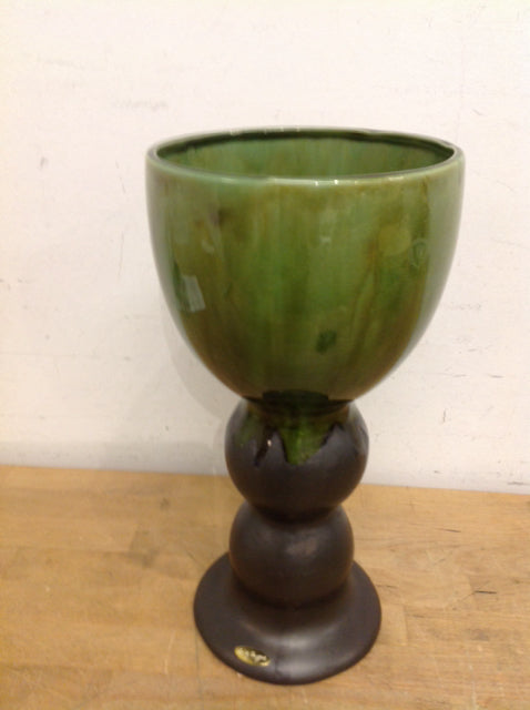 Vase- 14" Footed Green Crackle Glass