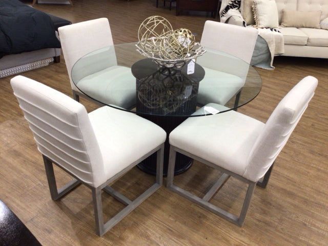 AS-IS Set Of 4 Universal Furniture Fabric & Wood Dining Chairs(Light Soil)