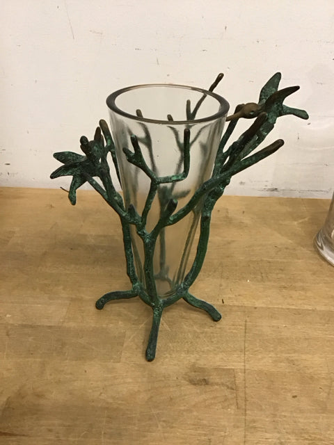 9" Glass W/Ornate Green Metal Stand Vase
