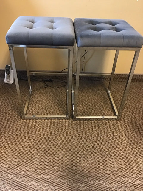 Set Of 2 Gray Velvet & Chrome Bar Stool