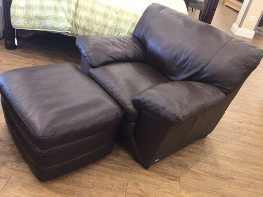 Natuzzi Brown Leather Arm Chair & Ottoman