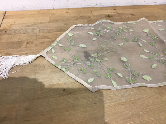 Cream Sheer W/Green Floral & Tassles Runner