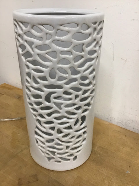 14" White Ceramic Coral Cut  Pattern Cylinder Table Lamp