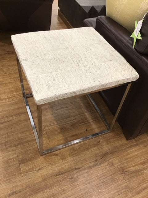 22" Square White Carved Wood Top Chrome Base End Table