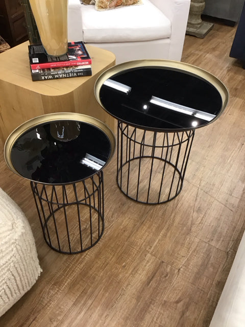 Set/2 24",16"Rd Black/Gold Metal Tables AS-IS Dents/Scrathes