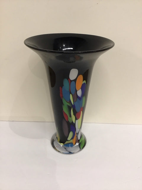 13" Art Glass Black Vase w/Multicolor Spots