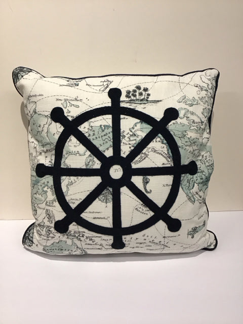 White Linen Pillow w/Map & Wheelhouse Design