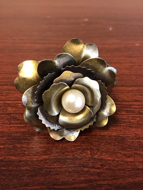 Brass Rose Cuff Bracelet W/Pearl