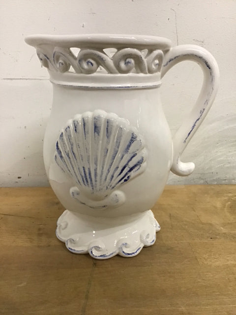 9" White Ceramic Sea Shell Pitcher