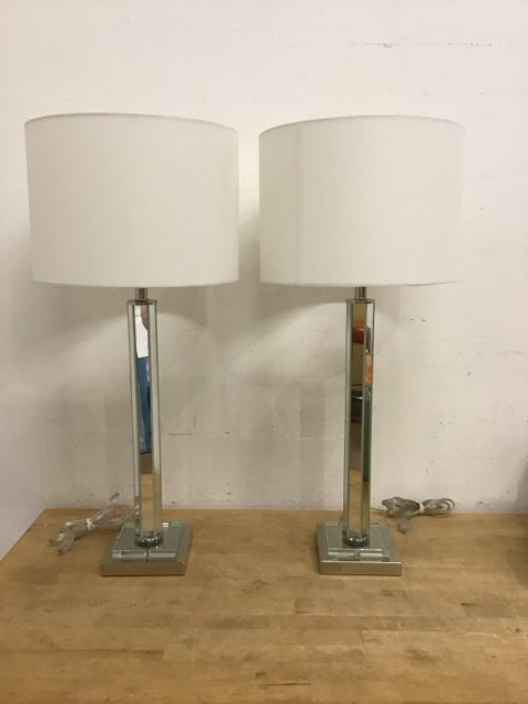 Pair 31" Mirrored Column Lamp w/Glass Base & Shades