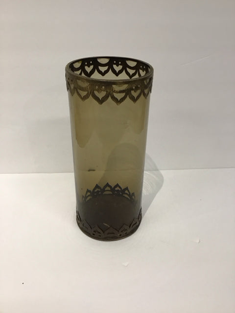11" Glass Candle Holder w/Metal Trim