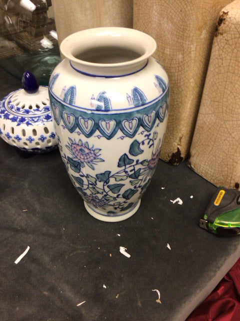 10" Blue & White Floral Pattern Ceramic Vase