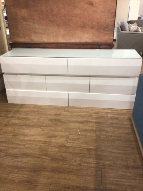 As-IS Antonini Modern 3 PC White Lacqured Glass Top Dresser(Gash In Middle)