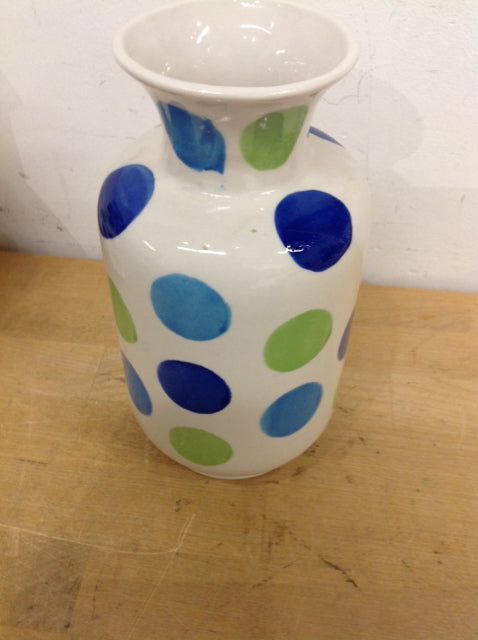 Vase - 8" White Ceramic Blue & Green Dots