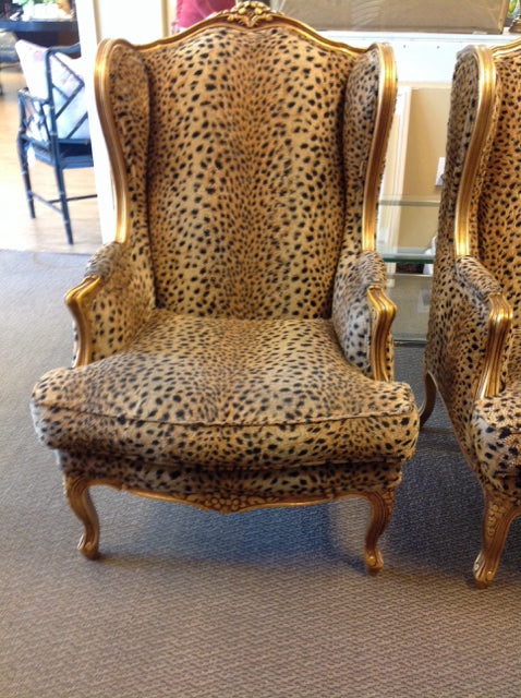 Animal Print Fabric Gilded Wood Wing Chair
