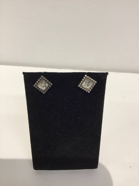 Silver Metal Sq Stud Earrings w/Faceted Rhinestones