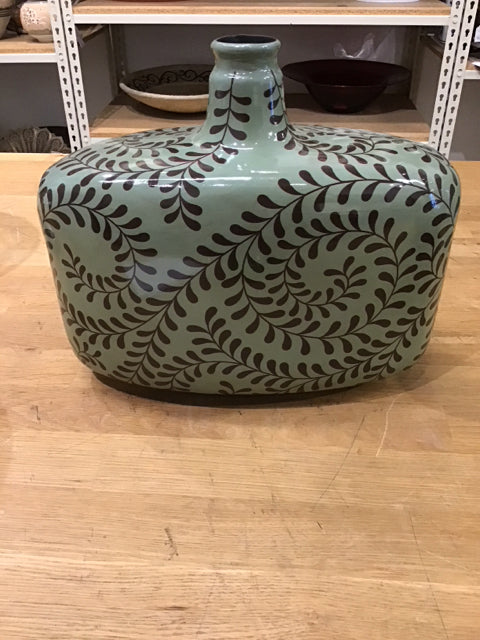 10.5" X12" Teal Green Brown Vine Pattern Vase
