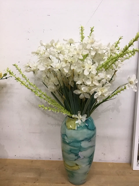 16" Watercolor Glass Vase W/White FauxTuberose