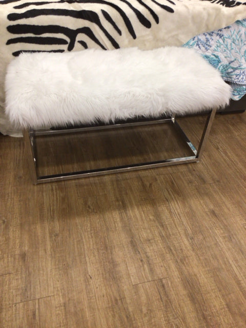 White Fur Bench Chrome Base