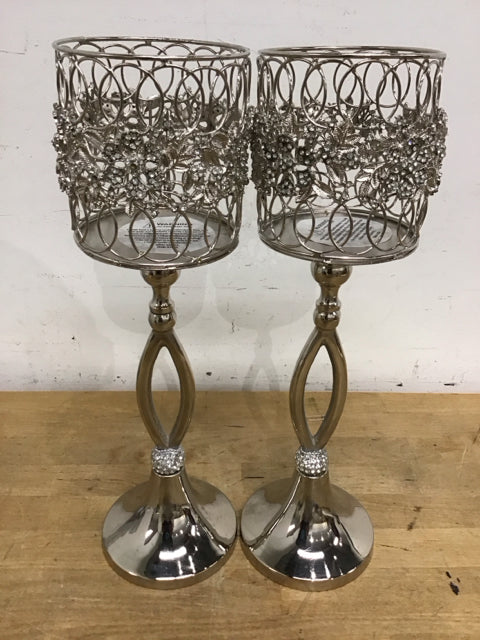 Pair Of 15" Silver Embellished Candle Holder