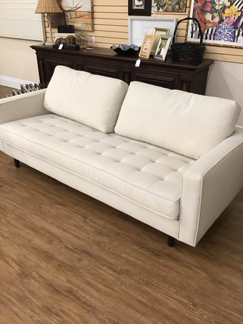Tan Upholstered Sofa w/Wood Feet