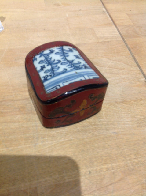 Wood Carved Blue Trinket Box