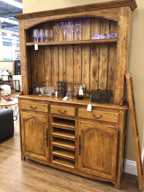 Custom Antique Pine Two PC Bar Cabinet/Hutch