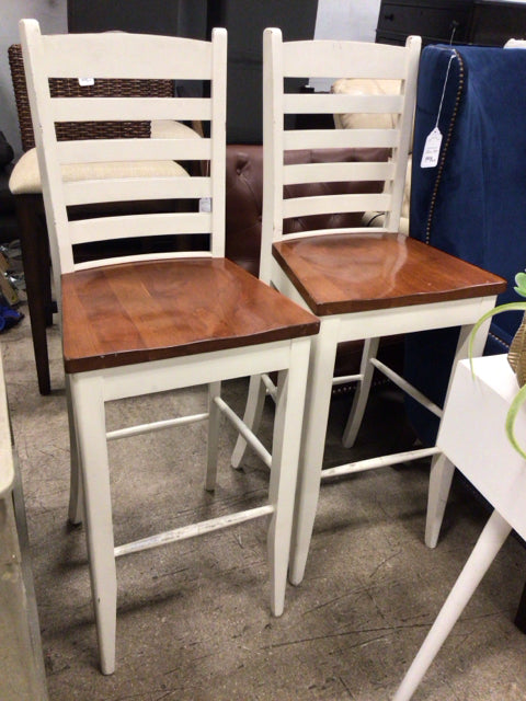 AS-IS Pair Of Cream Wood Seat Bar Stools(Wear On Footrest)
